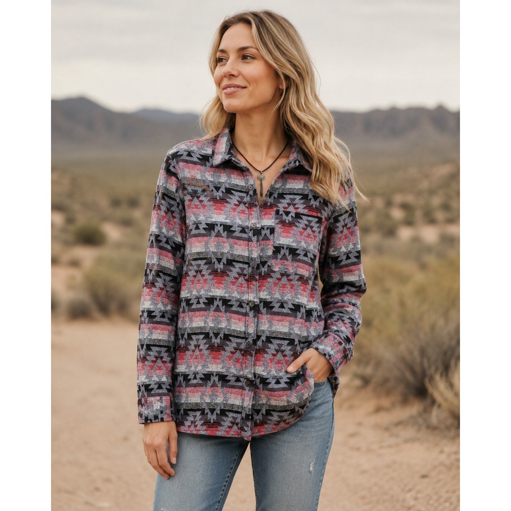Mountain and Isles Southwestern Boho Cotton Flannel Shirt L Rustic Granola Ranch